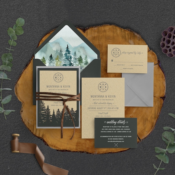 Mountain Wedding Invitation, Rustic Woodland Pine, Forest Green Celebration, Outdoor Pine Laser Cut Frame, White Ink printed, Greenery