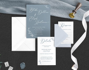 Dusty Blue Wedding Invitations, White Ink Print Wedding Invitation, Elegant, Romantic wedding invitation, Blake Suite