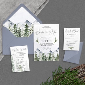 Winter Wedding Invitation - Mountain Wedding Invitations - Forest Wedding - Dusty Blue Wedding - Watercolor Wedding - Printed Invitation Set