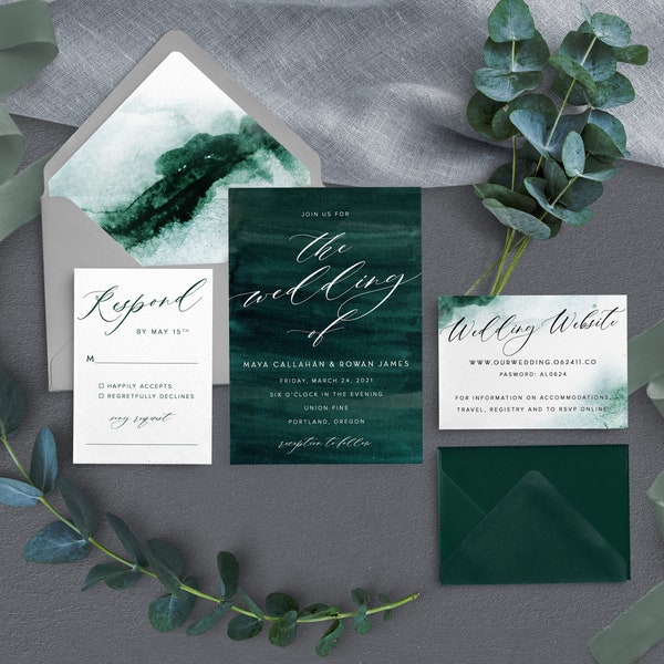 Emerald Wedding Invitation - Dark Green Wedding - Moody Wedding - Green Watercolor Wedding - Dark Teal Wedding - Printed Invitation