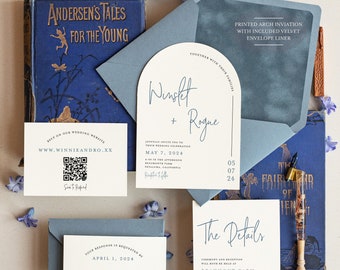 Velvet arch dusty blue wedding invitation suite, Slate blue wedding, Velvet invitation, Modern Wedding, whimsical blue wedding blue velvet