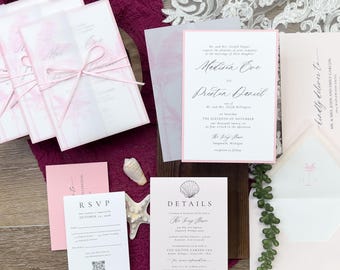Light Pink Palm Tree Wedding Invitation Suite | Vellum Jacket, RSVP & Details Card, Assorted Colors