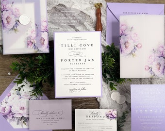 Printed Tilli Wedding Invitation suite, Lilac, Lavender Purple watercolor flowers, Enchanting, Romantic Classic Vellum Jacket, White Ink