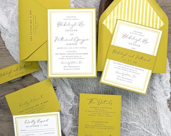 Island Citrus Layered Wedding Invitation Suite, Bright Green Yellow Tropical Printed Wedding
