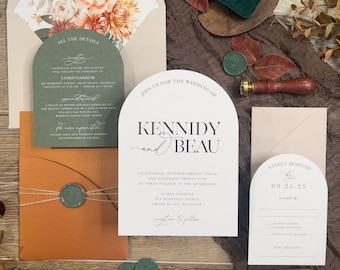 Wedding Arch Invitation suite w Arch panel pocket, Terracotta Copper Sage Green, Bold Flower Rustic White Ink, Modern Country Fall PRINTED