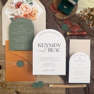 Wedding Arch Invitation suite w Arch panel pocket, Terracotta Copper Sage Green, Bold Flower Rustic White Ink, Modern Country Fall PRINTED