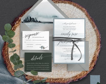 Rustic Wedding Invitation, Mountain wedding, Ocean Wedding, Lake Wedding, Boho Wedding, Outdoor wedding, Forest Wedding, Dusty Blue wedding