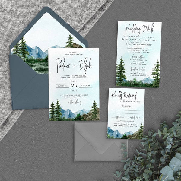 Mountain Wedding Invitations - Forest Wedding - Dusty Blue Wedding - Watercolor Wedding - Outdoor Wedding - Printed Invitation Set