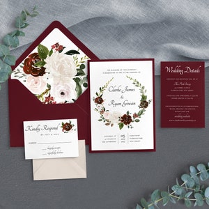 Rustic Wedding Invitation - Burgundy Wedding - Wreath Wedding - Greenery Wedding - Burgundy Flower - Boho Wedding - Printed Invitation