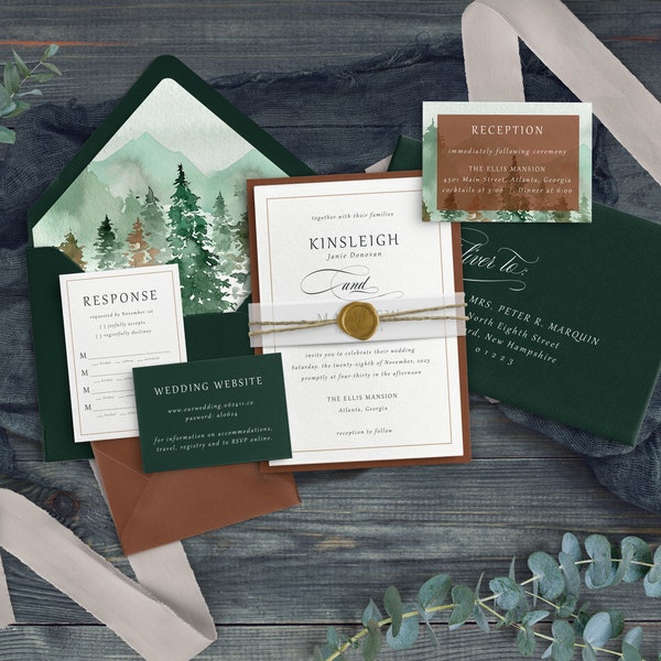 Forest Wedding Invitation - Moody Woods Wedding - Dark Green and Sepia Wedding - Dark Forest - Rustic Wedding - Printed Invitation