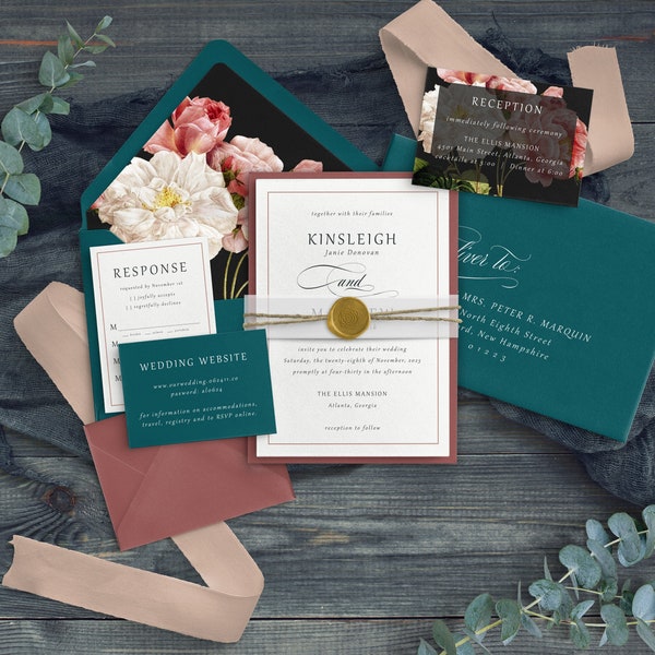 Moody Wedding Invitation - Mauve Wedding - Dark Teal and Dusty Rose Wedding - Dark Floral Wedding Invitations - Printed Invitation