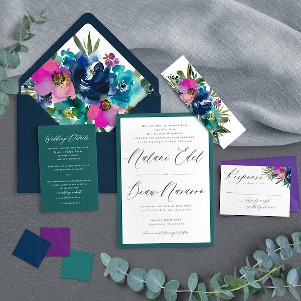 Teal Wedding Invitation - Navy Wedding - Bright Wedding - Summer Wedding - Spring Wedding - Bold Wedding - Modern Wedding - Printed Invite