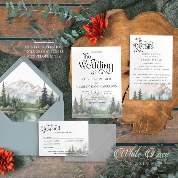 Mountain Wedding Invitations, Forest Wedding, Dusty Blue, Whimsical Woodland Pine, Watercolor Mountain outdoor Scene, Colorado PRINTED