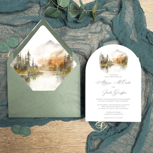 Arch Wedding Invitations, Terracotta Fall Mountain, Rounded Edge Invitation, Forest Lake Watercolor Envelope Liner, Woodland Pine, PRINTED