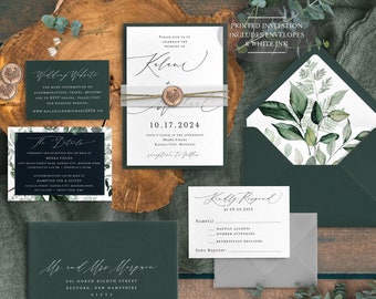 Forest Wedding Invitation, Greenery Woodland Wedding, Dark Green, Emerald, White Ink, Botanical Theme, Rustic Country Wedding, PRINTED