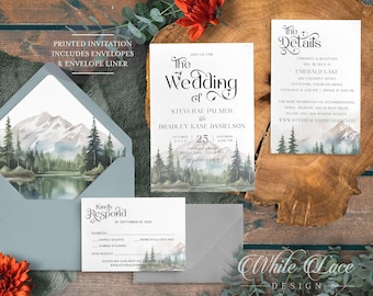 Mountain Wedding Invitations, Forest Wedding, Dusty Blue, Whimsical Woodland Pine, Watercolor Mountain outdoor Scene, Colorado PRINTED