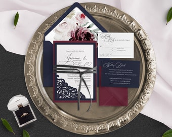 Navy Wedding Invitation, Burgundy Wedding, Lace Wedding, Floral Wedding, Formal Wedding, Elegant Wedding, Laser cut wedding, White ink print