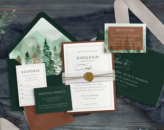 Forest Wedding Invitation - Moody Woods Wedding - Dark Green and Sepia Wedding - Dark Forest - Rustic Wedding - Printed Invitation