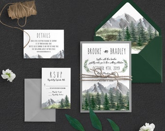 Mountain Wedding Invitation: Rustic Forest Greenery, Printed Set