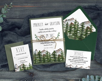 Mountain Wedding Invitation - Forest wedding - Green Wedding - Rustic Wedding - Greenery Wedding - Outdoor wedding - Printed Invitation