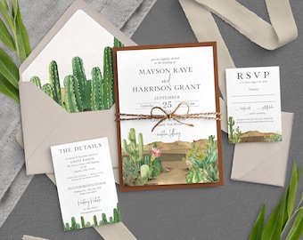 May include: A wedding invitation suite with a desert theme. The invitation features a watercolor illustration of cacti and succulents in shades of green and brown. The text on the invitation reads "You are joyfully invited to the wedding of Mayson Raye and Harrison Grant, Saturday, September 25, 2020, 5:00 pm, Ghost Ranch, Espanola, New Mexico, reception following."