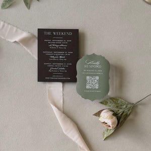Chocolate brown details card and olive green scalloped RSVP card from the Verona Italian destination wedding invitation suite.