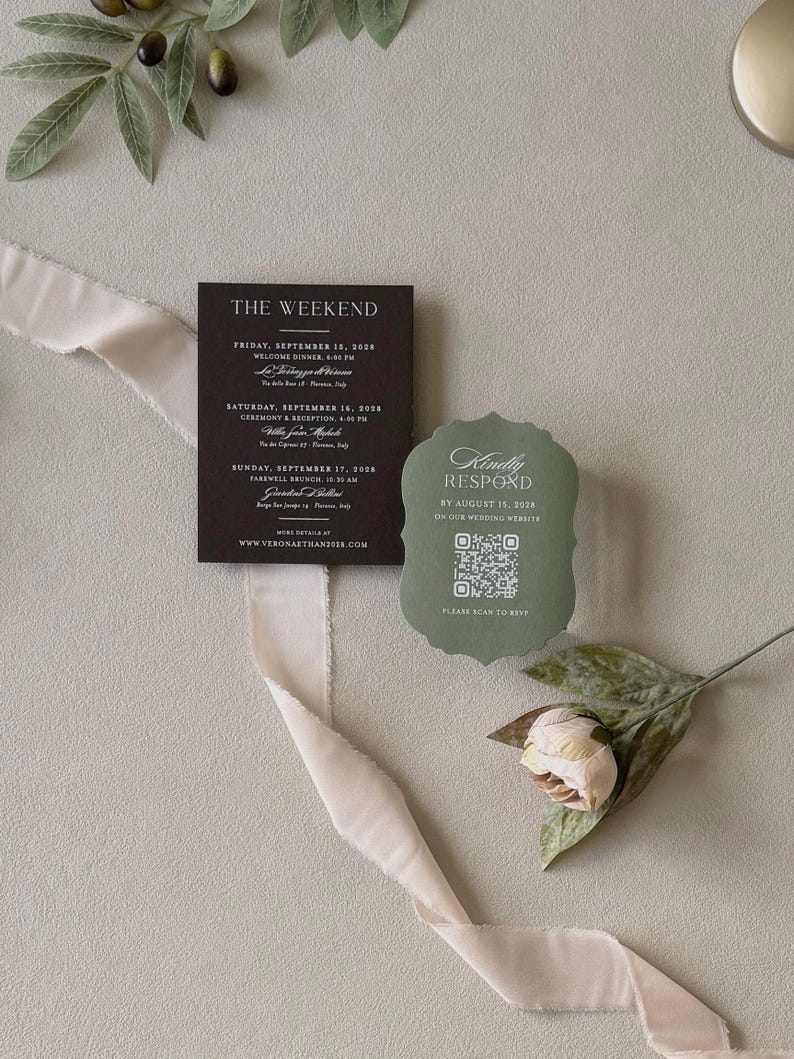 Chocolate brown details card and olive green scalloped RSVP card from the Verona Italian destination wedding invitation suite.