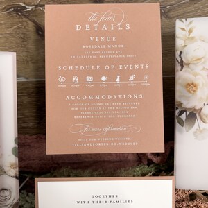 Taupe wedding details card with elegant typography and coordinating peach floral stationery.