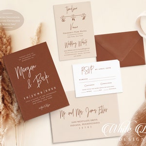 May include: A set of wedding invitations with a brown and white color scheme. The invitation features the names "Morgan & Beck" and the date "10 June 2022". The RSVP card includes the text "RSVP by April 5th".