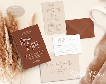 May include: A set of wedding invitations with a brown and white color scheme. The invitation features the names "Morgan & Beck" and the date "10 June 2022". The RSVP card includes the text "RSVP by April 5th".