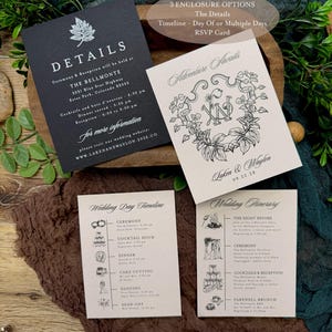 May include: A collection of wedding stationery, including a black details card, a cream-colored RSVP card with floral design, and two timeline cards. The details card features the venue's information. The RSVP card has the names "Laken & Waylon" and the date "09.22.28".