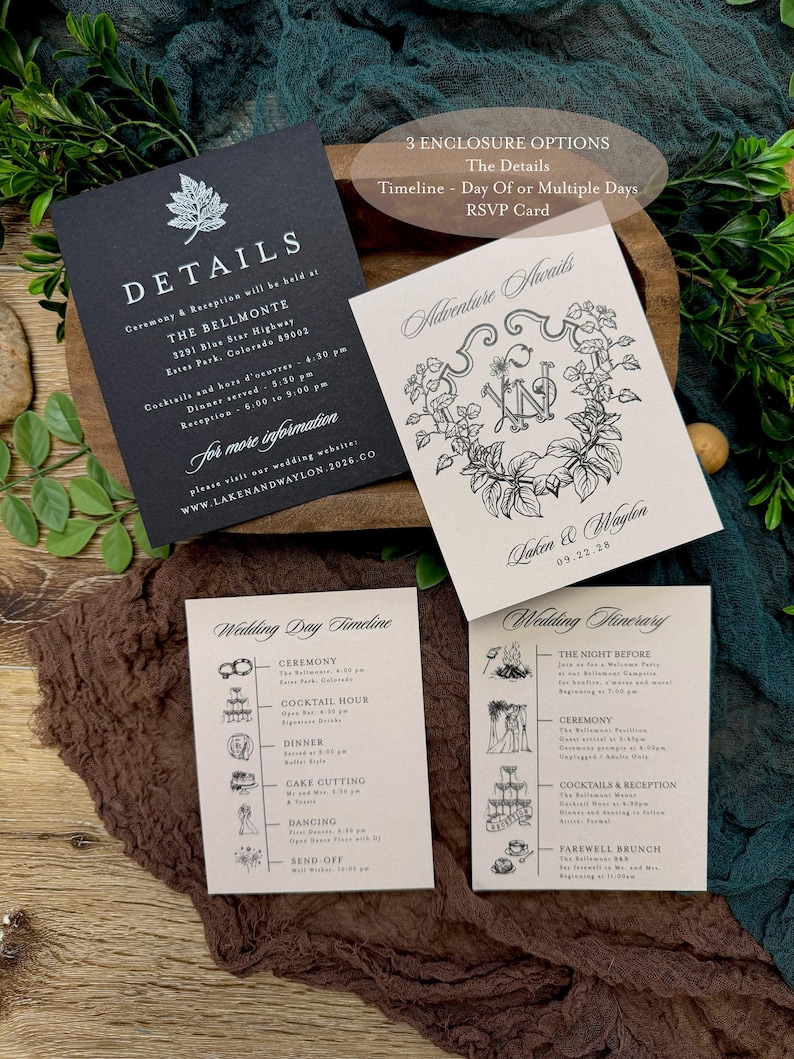May include: A collection of wedding stationery, including a black details card, a cream-colored RSVP card with floral design, and two timeline cards. The details card features the venue's information. The RSVP card has the names "Laken & Waylon" and the date "09.22.28".