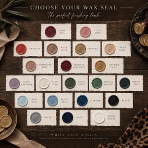 Wedding invitation wax seal color chart showing available wax seal colors for custom invitation finishing.