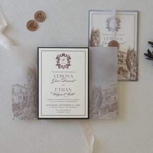 Burgundy Verona invitation suite with floral envelope liner, ivory invitation and chocolate mailing envelope