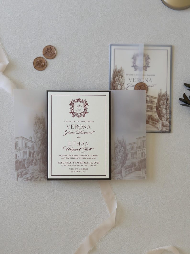 Burgundy Verona invitation suite with floral envelope liner, ivory invitation and chocolate mailing envelope