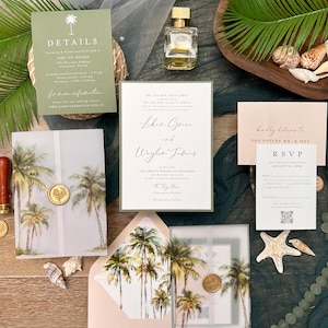Tropical Palm Wedding Invitation Suite: Green & Blush Oceanside Design | PRINTED SUITE | Beach Wedding, Palm Trees, Vellum Jacket