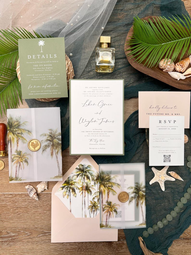 Palm Tree Beach Destination Ocean Island Wedding Invitation Suite with vellum jacket and palm tree envelope liner