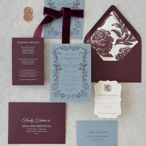 Dusty blue and burgundy wedding invitation suite with scalloped ivory RSVP card, botanical envelope liner and coordinating envelopes