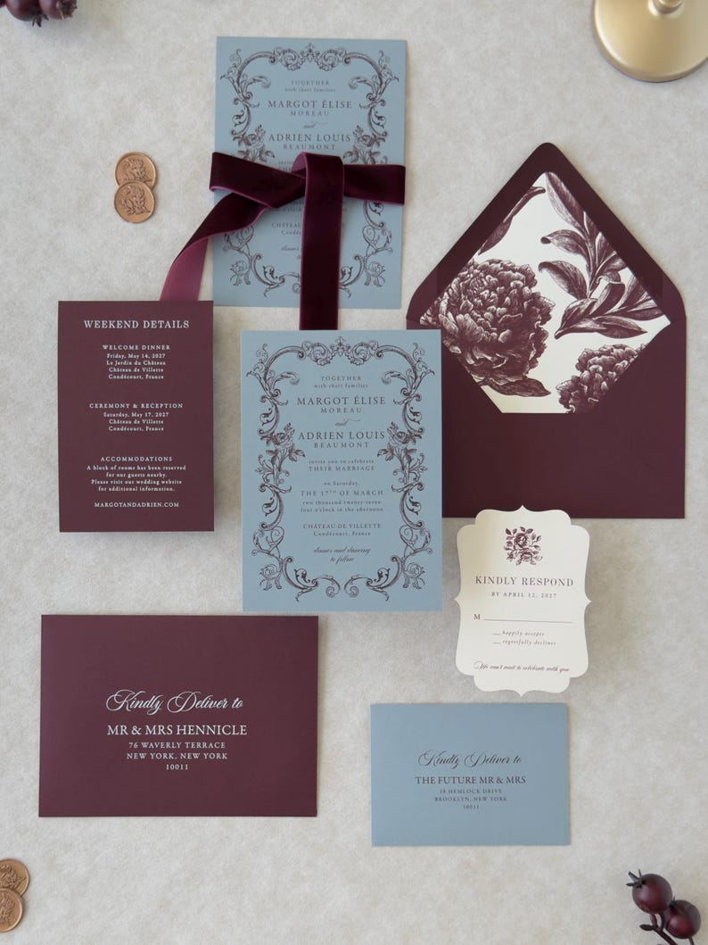 Dusty blue and burgundy wedding invitation suite with scalloped ivory RSVP card, botanical envelope liner and coordinating envelopes