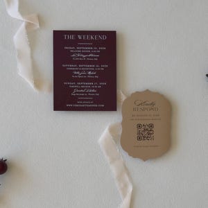 Wedding website QR code card styled with ivory ribbon for the burgundy Verona invitation suite