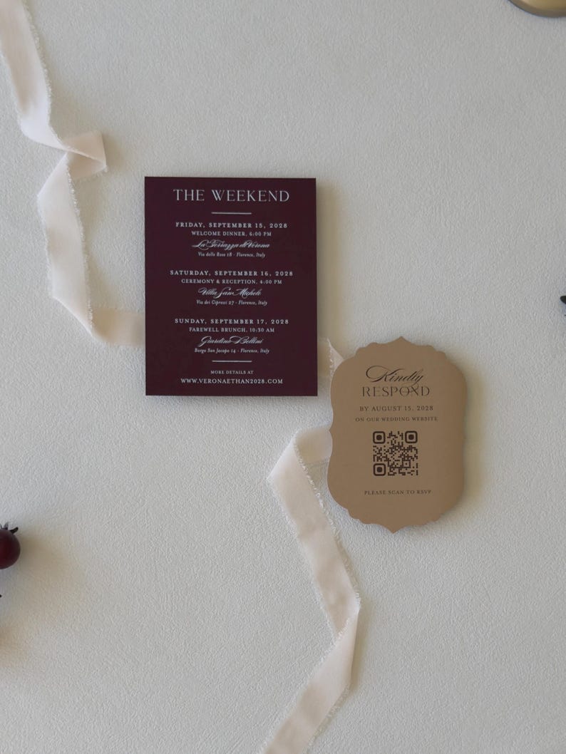 Wedding website QR code card styled with ivory ribbon for the burgundy Verona invitation suite