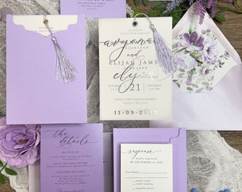 Foil Vellum Printed Avyana Suite, Tassel Purple Wedding Invitations Floral, Invitation Sleeve, Lavender Lilac Wedding, Gold Foil Overlay