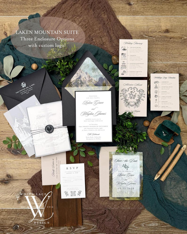 May include: A collection of wedding stationery, including invitations, RSVP cards, and save-the-date cards. The suite features a mountain landscape design and includes the text "LAKEN MOUNTAIN SUITE" and "Save the Date". The color palette includes white, black, and green.