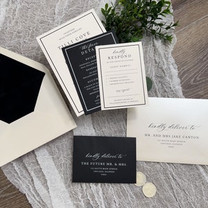 May include: Black and white wedding invitation suite with calligraphy font. The invitation card features the text "Tilli Cove" and "The finer details". The RSVP card features the text "Kindly Respond" and "Guest Name(s)". The address labels feature the text "Kindly deliver to" and the recipient's name and address.
