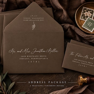 Wedding invitation address printing example showing elegant guest and return addressing on coordinating envelopes.