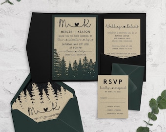 Rustic Wedding Invitation,  Forest Wedding Invitation,  Outdoor Wedding, Greenery Wedding, Into the Woods Wedding, Pocketfold, Printed