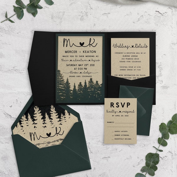 Rustic Wedding Invitation,  Forest Wedding Invitation,  Outdoor Wedding, Greenery Wedding, Into the Woods Wedding, Pocketfold, Printed