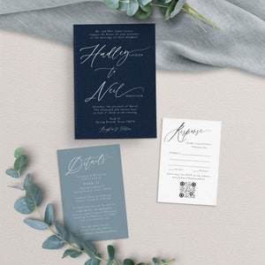 May include: A navy blue wedding invitation with white text announcing the marriage of Halley Laurier to Neil Whitlock on Saturday, March 11, 2024 at 4:00 PM at Park 31 in Spring Branch, Texas 78070. The invitation includes details about the ceremony and reception, as well as accommodations at The Bevy in Boerne.
