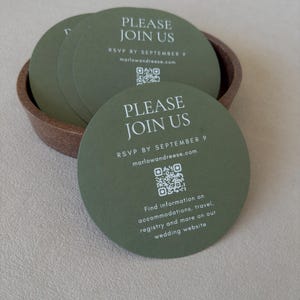 Olive green round RSVP card with QR code paired with clay wedding stationery for a modern earthy wedding invitation suite.