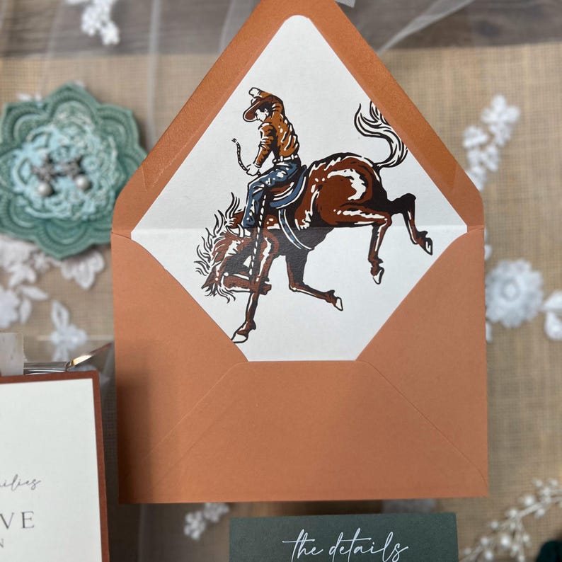 Cowboy Rodeo Cowhide Pattern Vellum Jacket Envelope Liner Wedding Invitation Suite with suede wrap